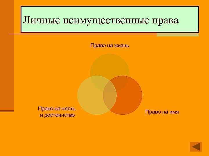 Личные неимущественные права Право на жизнь Право на честь и достоинство Право на имя