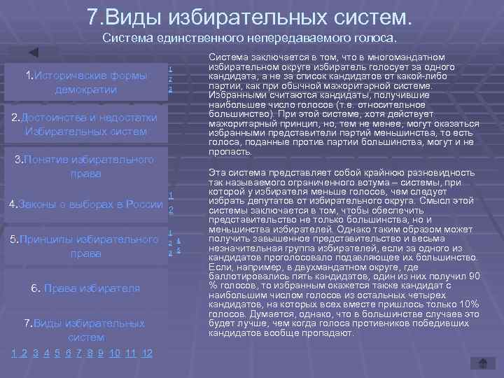 7. Виды избирательных систем. Система единственного непередаваемого голоса. 1. Исторические формы демократии 1 2