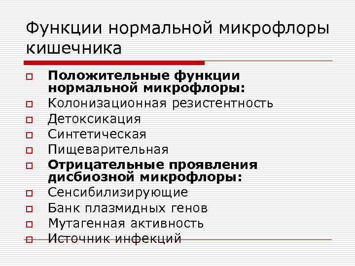 Функции нормальной микрофлоры кишечника o o o o o Положительные функции нормальной микрофлоры: Колонизационная