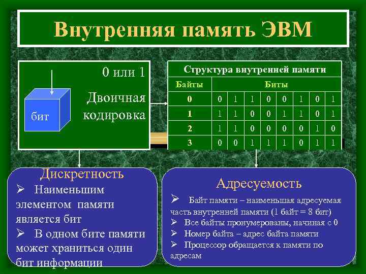  Внутренняя память ЭВМ 0 или 1 Структура внутренней памяти Байты Биты Двоичная 0