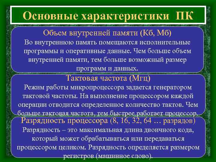  Основные характеристики ПК Объем внутренней памяти (Кб, Мб) Во внутреннюю память помещаются исполнительные