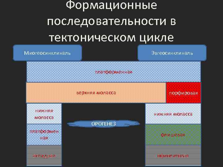 Формационные последовательности в тектоническом цикле Миогеосинклиналь Эвгеосинклиналь платформенная верхняя моласса нижняя моласса порфировая нижняя