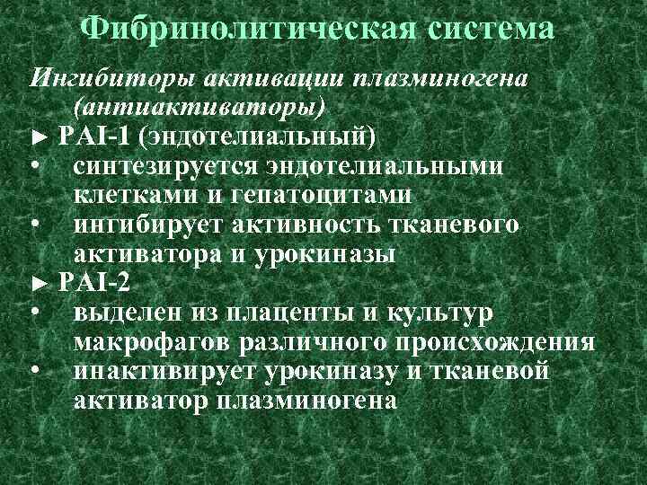 Фибринолитическая система Ингибиторы активации плазминогена (антиактиваторы) ► PAI-1 (эндотелиальный) • синтезируется эндотелиальными клетками и