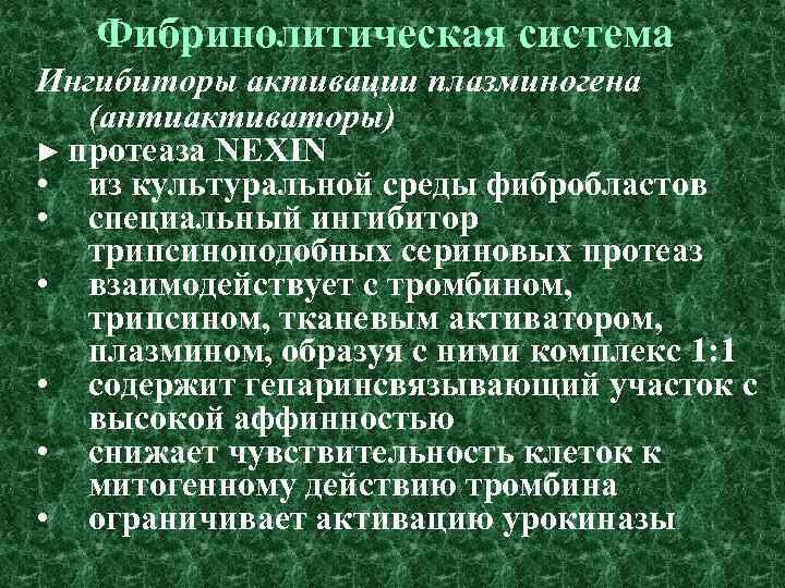 Фибринолитическая система Ингибиторы активации плазминогена (антиактиваторы) ► протеаза NEXIN • из культуральной среды фибробластов