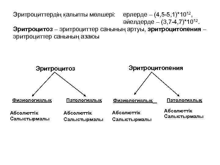 Эритроциттердің қалыпты мөлшері: ерлерде – (4, 5 -5, 1)*1012, әйелдерде – (3, 7 -4,