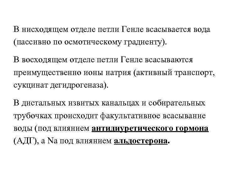 В нисходящем отделе петли Генле всасывается вода (пассивно по осмотическому градиенту). В восходящем отделе