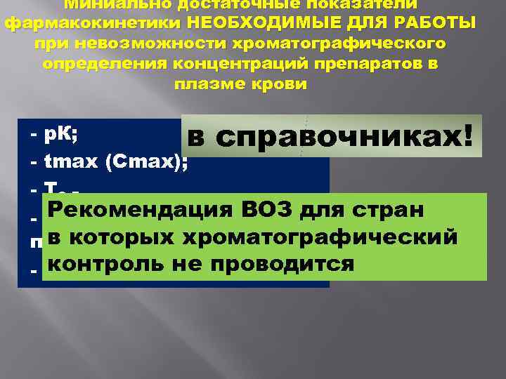  Миниально достаточные показатели фармакокинетики НЕОБХОДИМЫЕ ДЛЯ РАБОТЫ при невозможности хроматографического определения концентраций препаратов