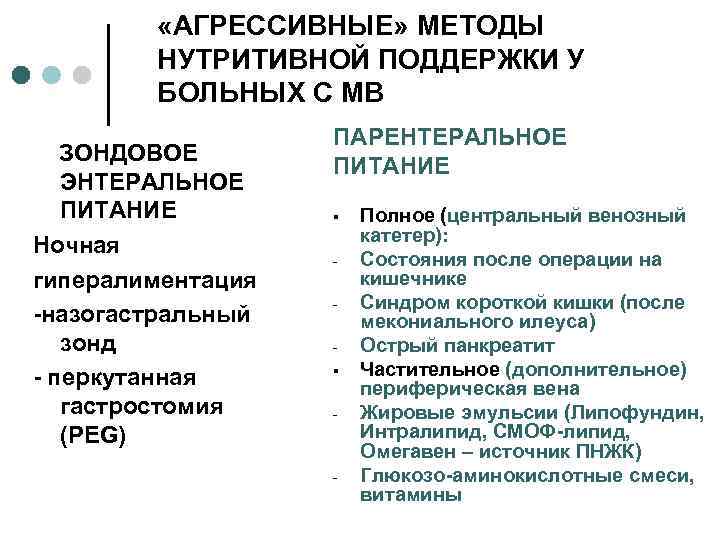  «АГРЕССИВНЫЕ» МЕТОДЫ НУТРИТИВНОЙ ПОДДЕРЖКИ У БОЛЬНЫХ С МВ ЗОНДОВОЕ ЭНТЕРАЛЬНОЕ ПИТАНИЕ Ночная гипералиментация