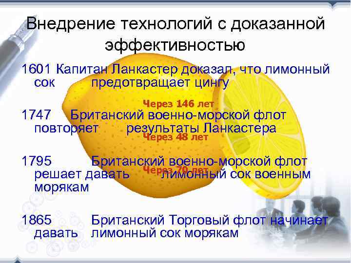 Внедрение технологий с доказанной эффективностью 1601 Капитан Ланкастер доказал, что лимонный сок предотвращает цингу