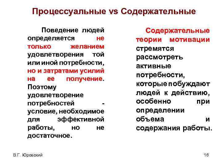 Процессуальные vs Содержательные Поведение людей определяется не только желанием удовлетворения той или иной потребности,