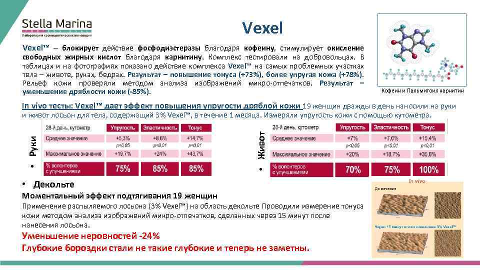 Vexel™ – блокирует действие фосфодиэстеразы благодаря кофеину, стимулирует окисление свободных жирных кислот благодаря карнитину.