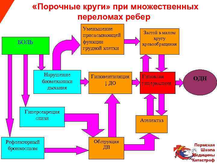  «Порочные круги» при множественных переломах ребер Уменьшение Застой в малом присасывающей кругу БОЛЬ