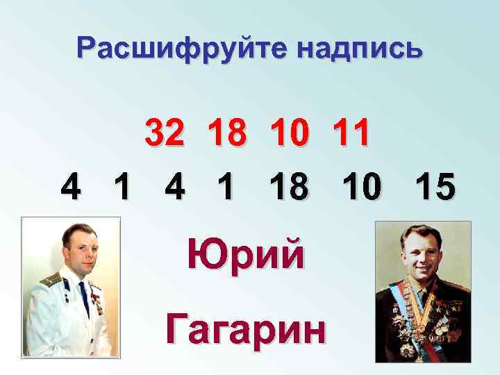 Расшифруйте надпись 32 18 10 11 4 1 18 10 15 Юрий Гагарин 