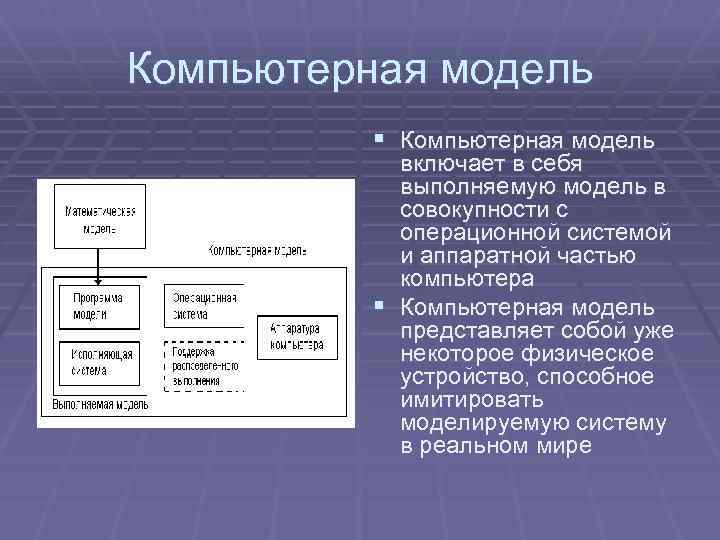 Компьютерная модель § Компьютерная модель включает в себя выполняемую модель в совокупности с операционной