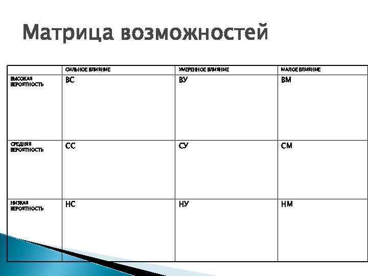   Матрица возможностей    СИЛЬНОЕ ВЛИЯНИЕ  УМЕРЕННОЕ ВЛИЯНИЕ  МАЛОЕ