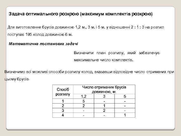 Задача оптимального розкрою (максимум комплектів розкрою) Для виготовлення брусів довжиною 1, 2 м. ,