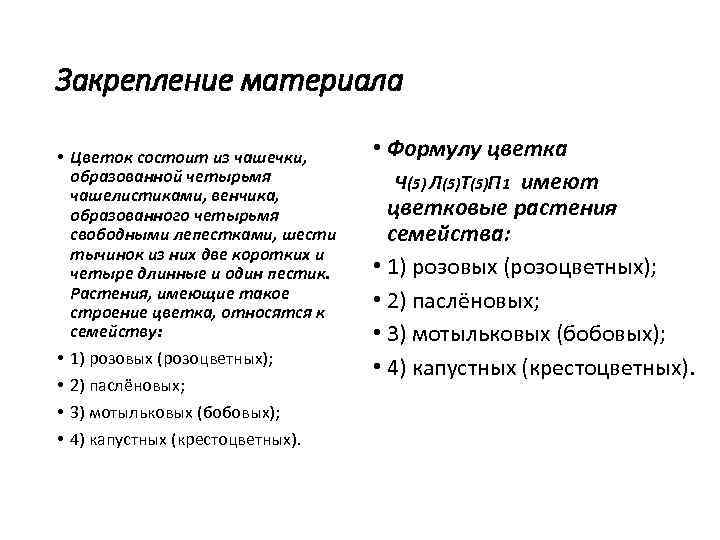 Закрепление материала • Цветок состоит из чашечки, образованной четырьмя чашелистиками, венчика, образованного четырьмя свободными