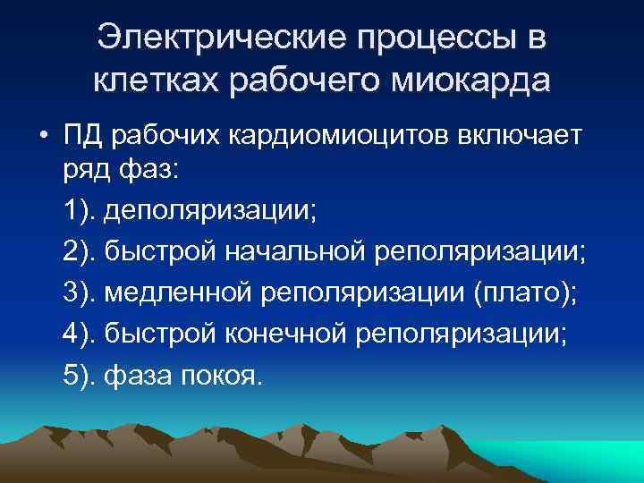 Электрические процессы в клетках рабочего миокарда • ПД рабочих кардиомиоцитов включает ряд фаз: 1).