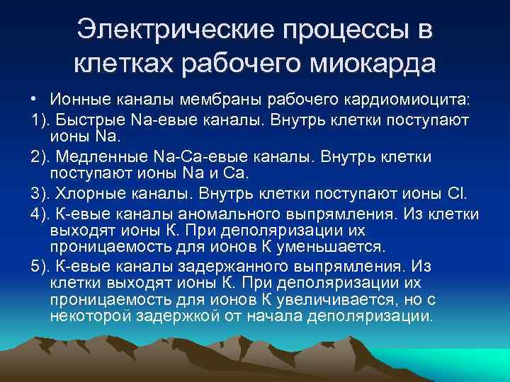 Электрические процессы в клетках рабочего миокарда • Ионные каналы мембраны рабочего кардиомиоцита: 1). Быстрые