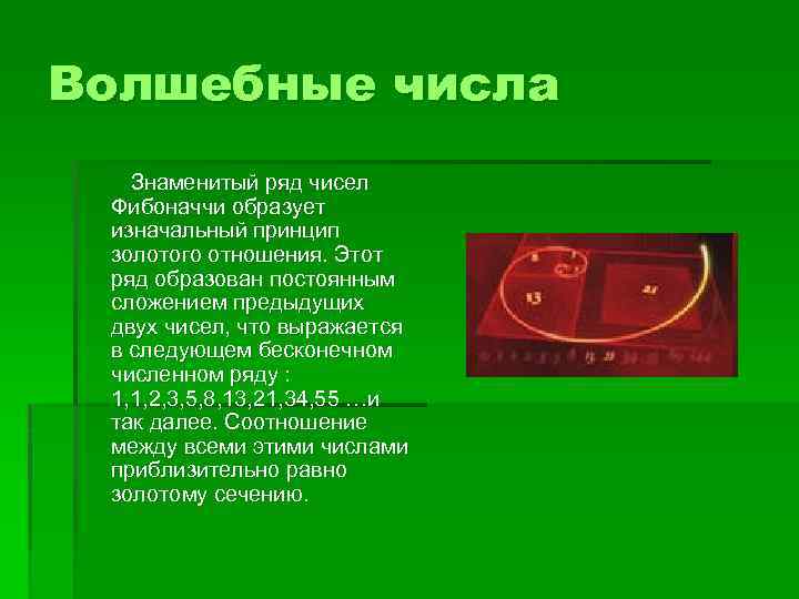 Волшебные числа Знаменитый ряд чисел Фибоначчи образует изначальный принцип золотого отношения. Этот ряд образован
