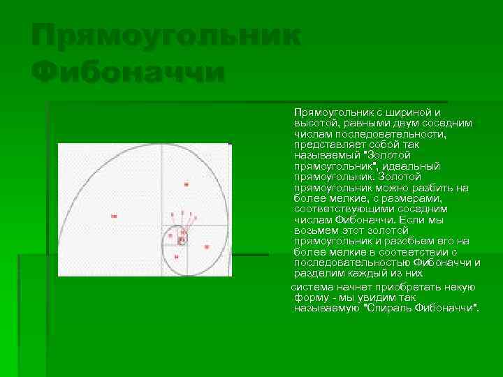 Прямоугольник Фибоначчи Прямоугольник с шириной и высотой, равными двум соседним числам последовательности, представляет собой