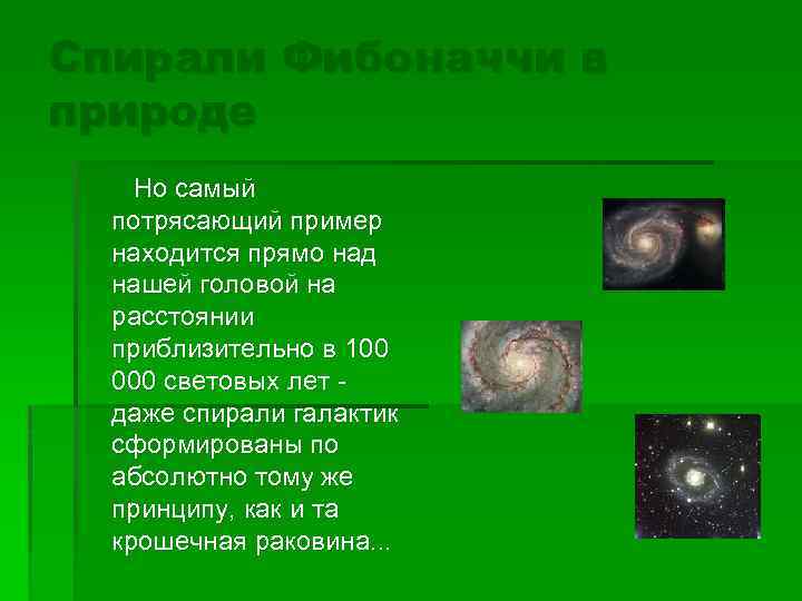 Спирали Фибоначчи в природе Но самый потрясающий пример находится прямо над нашей головой на