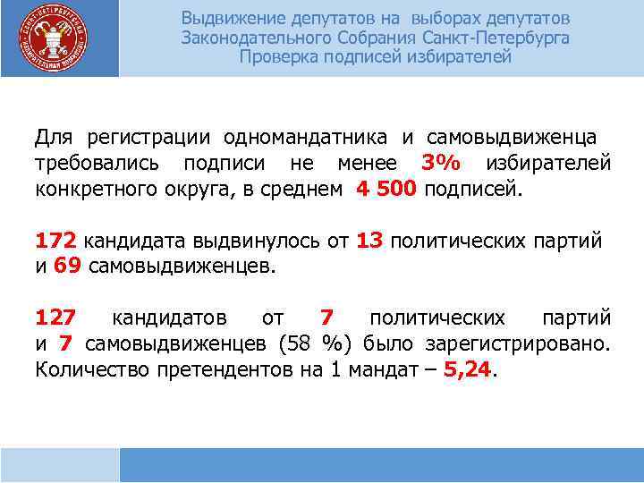 Выдвижение депутатов на выборах депутатов Законодательного Собрания Санкт-Петербурга Проверка подписей избирателей Для регистрации одномандатника