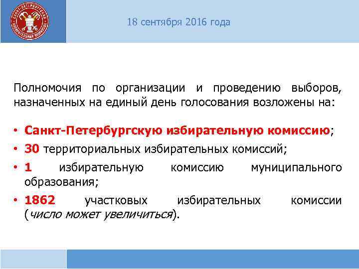 18 сентября 2016 года Полномочия по организации и проведению выборов, назначенных на единый день