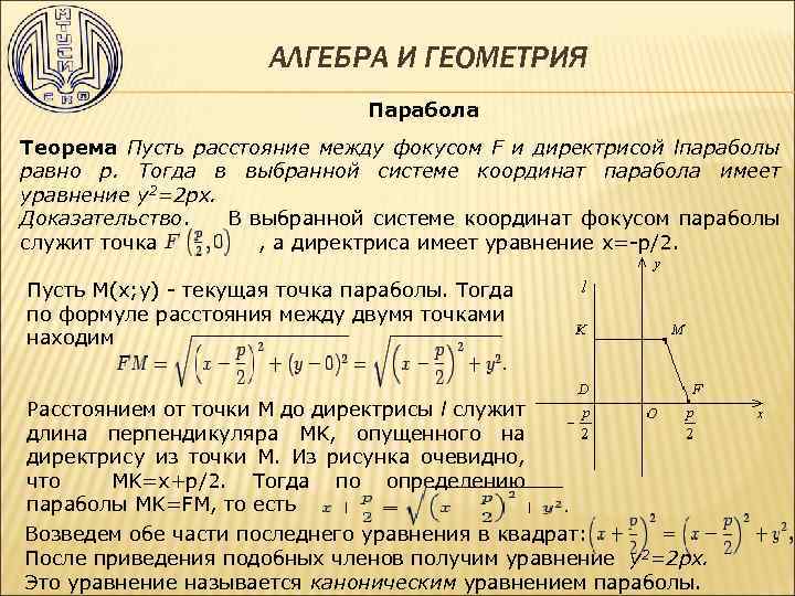 АЛГЕБРА И ГЕОМЕТРИЯ Парабола Теорема Пусть расстояние между фокусом F и директрисой lпараболы равно