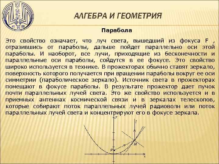 АЛГЕБРА И ГЕОМЕТРИЯ Парабола Это свойство означает, что луч света, вышедший из фокуса F