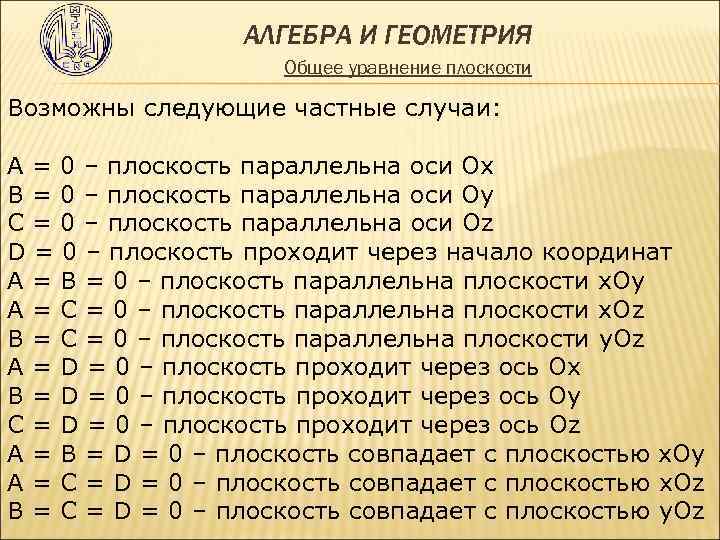  АЛГЕБРА И ГЕОМЕТРИЯ Общее уравнение плоскости Возможны следующие частные случаи: А = 0