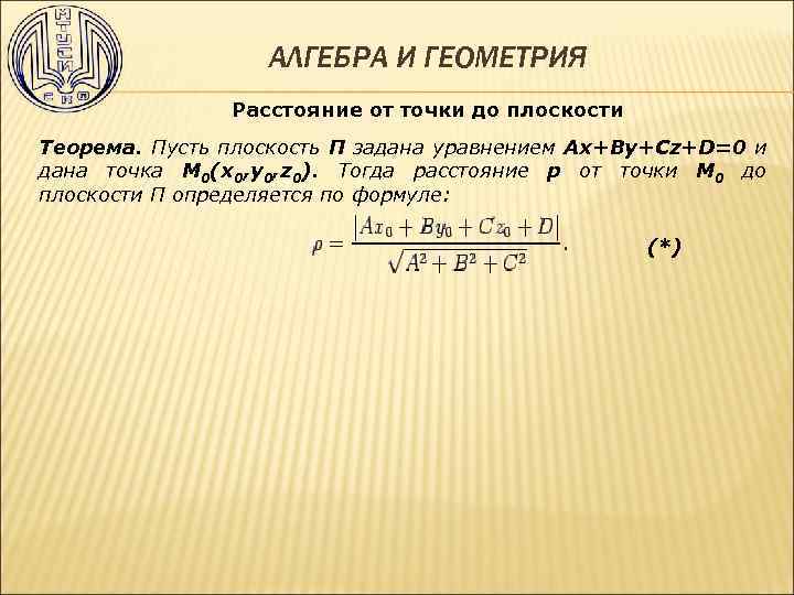 АЛГЕБРА И ГЕОМЕТРИЯ Расстояние от точки до плоскости Теорема. Пусть плоскость П задана уравнением
