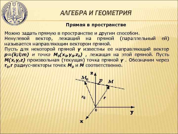 АЛГЕБРА И ГЕОМЕТРИЯ Прямая в пространстве Можно задать прямую в пространстве и другим способом.