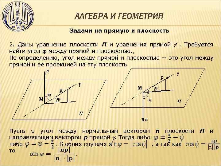 АЛГЕБРА И ГЕОМЕТРИЯ Задачи на прямую и плоскость 2. Даны уравнение плоскости П и