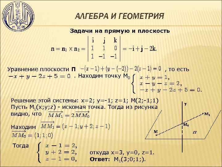 АЛГЕБРА И ГЕОМЕТРИЯ Задачи на прямую и плоскость Уравнение плоскости П . Находим точку