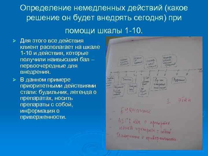 Определение немедленных действий (какое решение он будет внедрять сегодня) при помощи шкалы 1 -10.