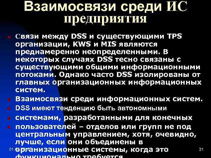 Взаимосвязи среди ИС предприятия Связи между DSS и существующими TPS организации, KWS и MIS