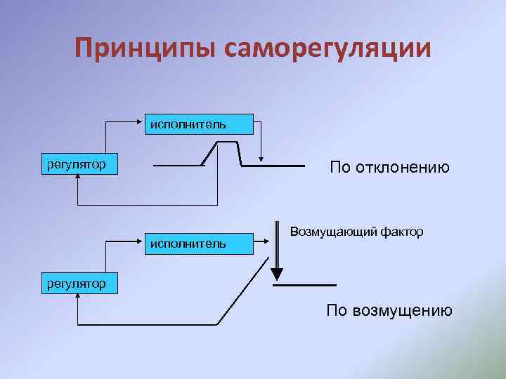 Принципы саморегуляции исполнитель регулятор По отклонению исполнитель Возмущающий фактор регулятор По возмущению 