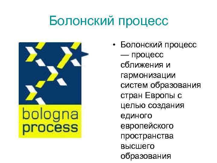 Болонский процесс • Болонский процесс — процесс сближения и гармонизации систем образования стран Европы