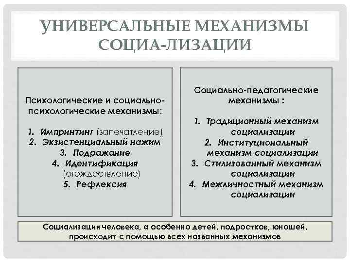УНИВЕРСАЛЬНЫЕ МЕХАНИЗМЫ СОЦИА ЛИЗАЦИИ : Психологические и социально психологические механизмы: 1. Импринтинг (запечатление) 2.