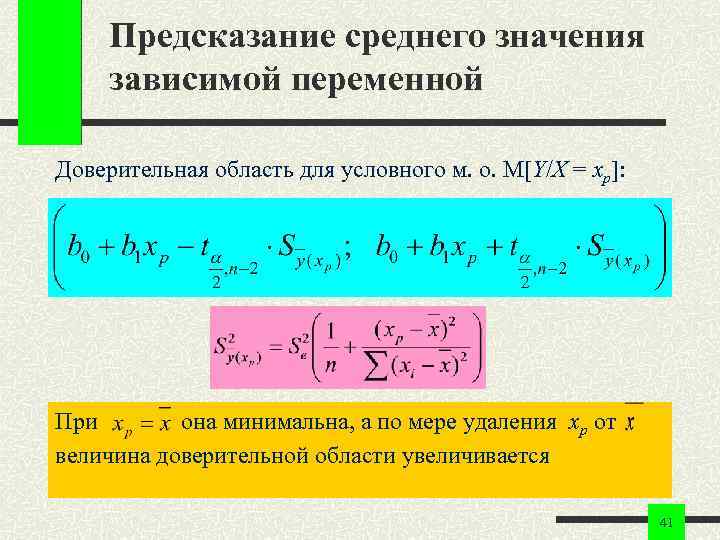 Предсказание среднего значения зависимой переменной Доверительная область для условного м. о. M[Y/X = xp]: