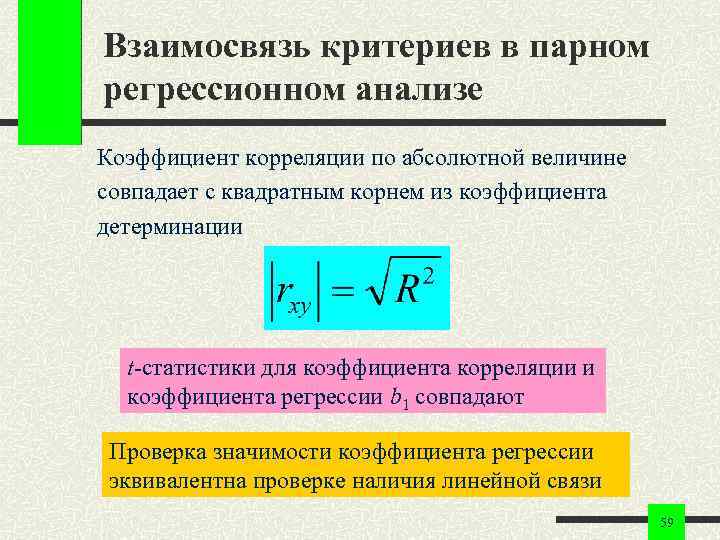 Взаимосвязь критериев в парном регрессионном анализе Коэффициент корреляции по абсолютной величине совпадает с квадратным