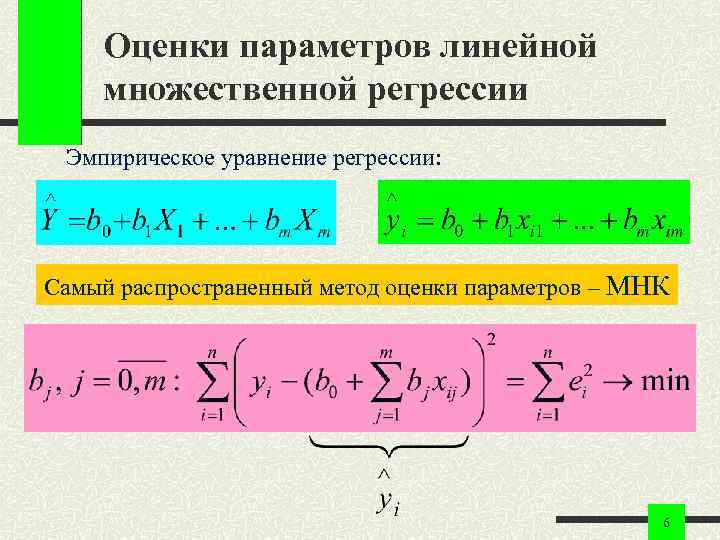 Оценки параметров линейной множественной регрессии Эмпирическое уравнение регрессии: Самый распространенный метод оценки параметров –