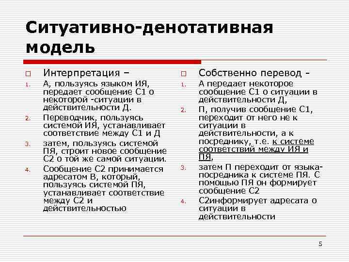 Ситуативно-денотативная модель o Интерпретация – o Собственно перевод 1. А, пользуясь языком ИЯ, 1.