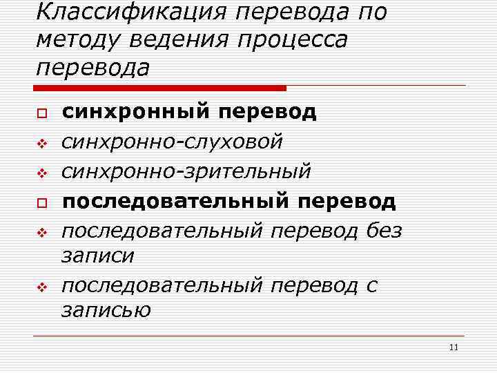 Классификация перевода по методу ведения процесса перевода o v v синхронный перевод синхронно-слуховой синхронно-зрительный