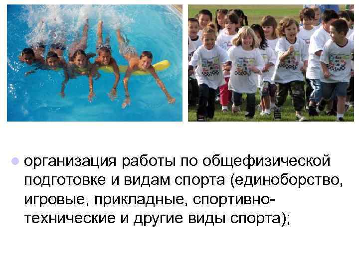 l организация работы по общефизической подготовке и видам спорта (единоборство, игровые, прикладные, спортивнотехнические и