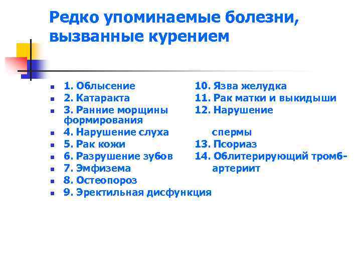 Редко упоминаемые болезни, вызванные курением n n n n n 1. Облысение 10. Язва