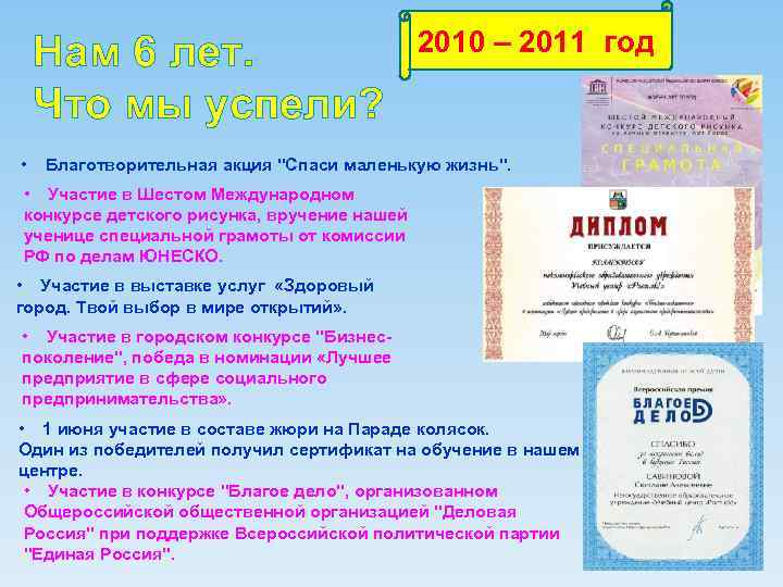 Нам 6 лет. Что мы успели? • 2010 – 2011 год Благотворительная акция "Спаси