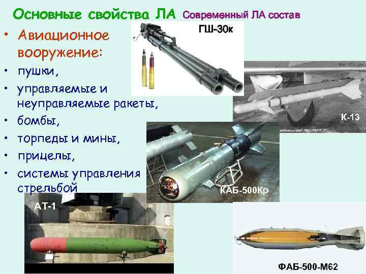 Основные свойства ЛА • Авиационное вооружение: • пушки, • управляемые и неуправляемые ракеты, •