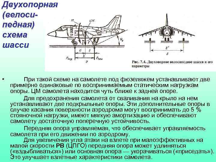 Двухопорная (велосипедная) схема шасси • При такой схеме на самолете под фюзеляжем устанавливают две